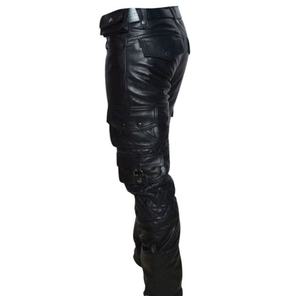 Men’s Cowhide Biker Pants – Quilted Cargo Leather Trousers