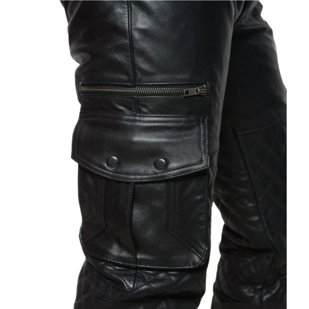 Men’s Cowhide Biker Pants – Quilted Cargo Leather Trousers