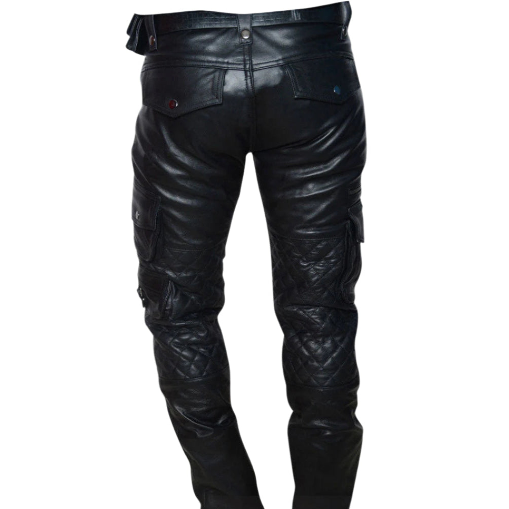 Men’s Cowhide Biker Pants – Quilted Cargo Leather Trousers