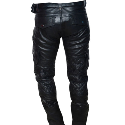 Men’s Cowhide Biker Pants – Quilted Cargo Leather Trousers