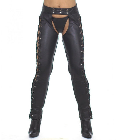Women’s Black Leather Chaps with Side Laces & Detachable Briefs