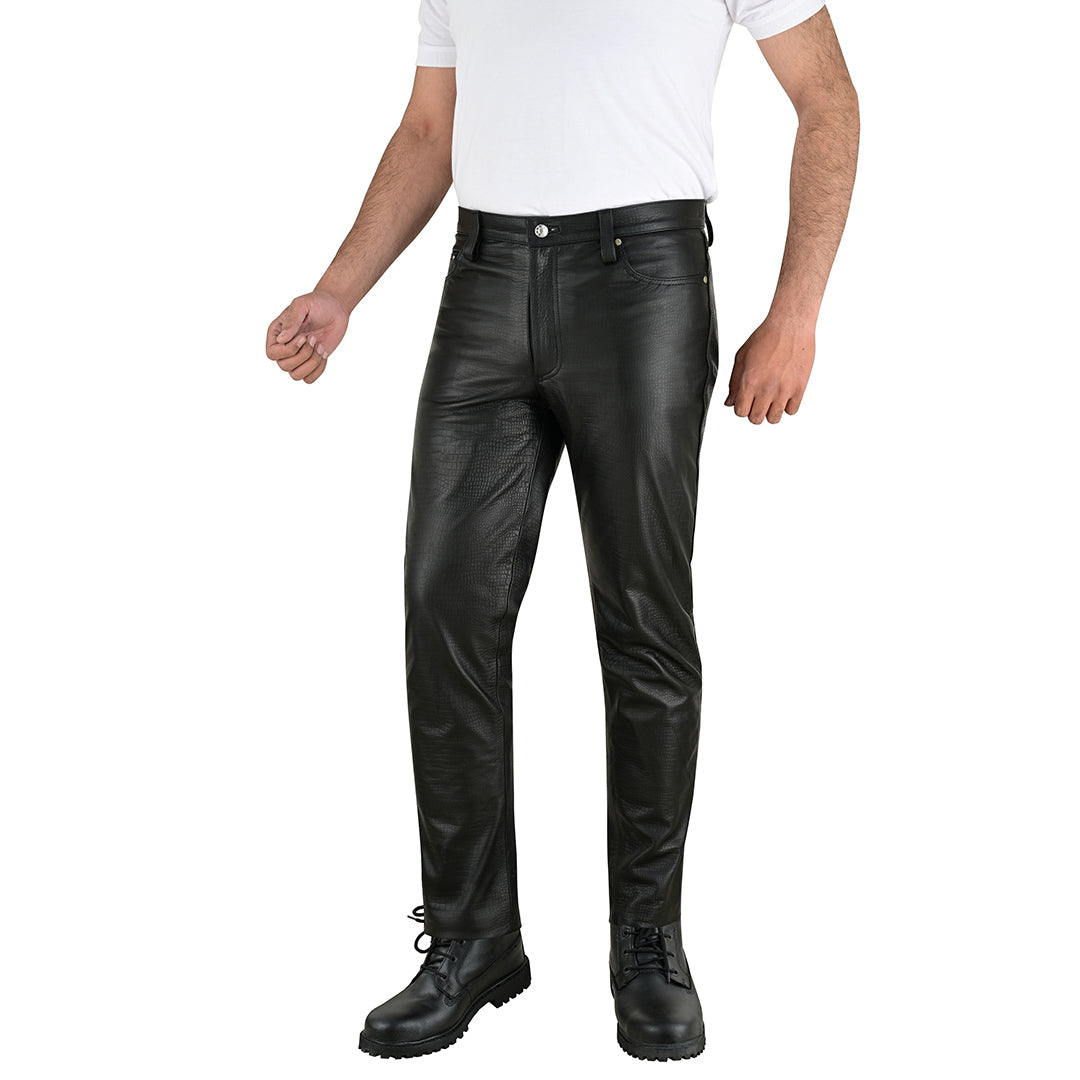 Men's Crocodile Print Cowhide Leather Biker Pants – 5 Pocket Style