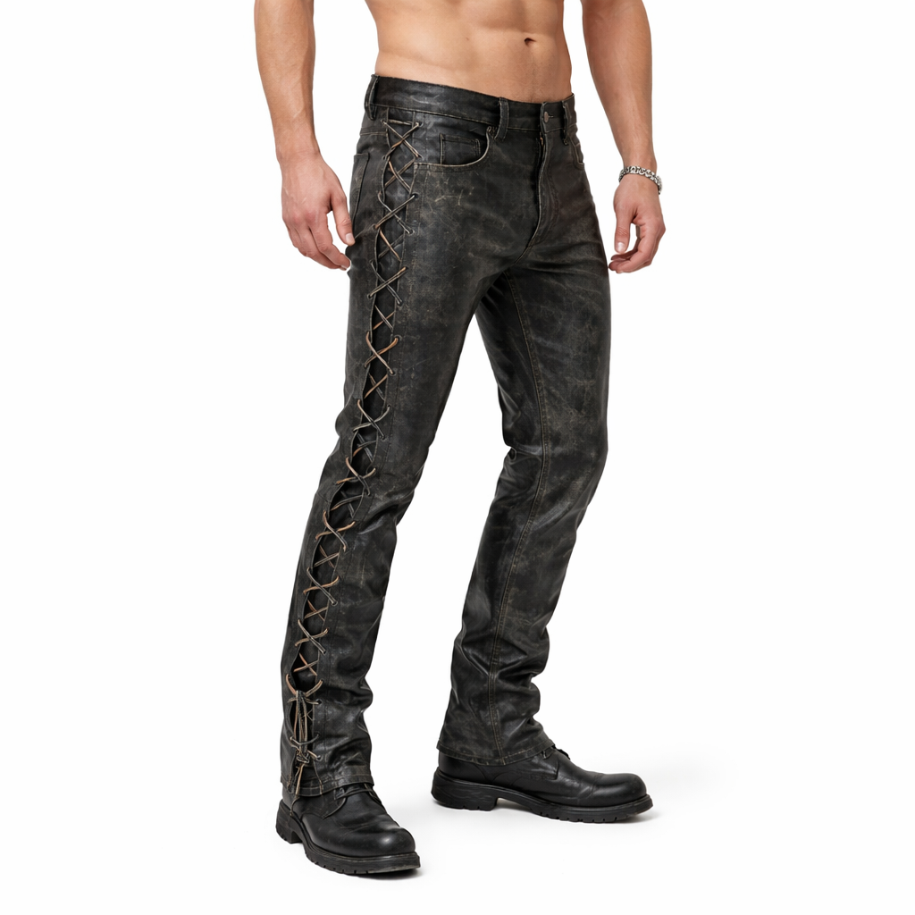 Men's Distressed Cowhide Leather Lace-Up Biker Pants