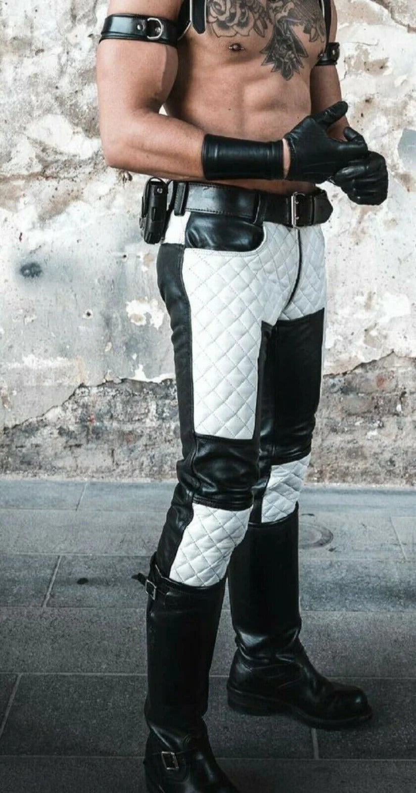 Men's Leather Biker Pants – Black & White Quilted Cowhide