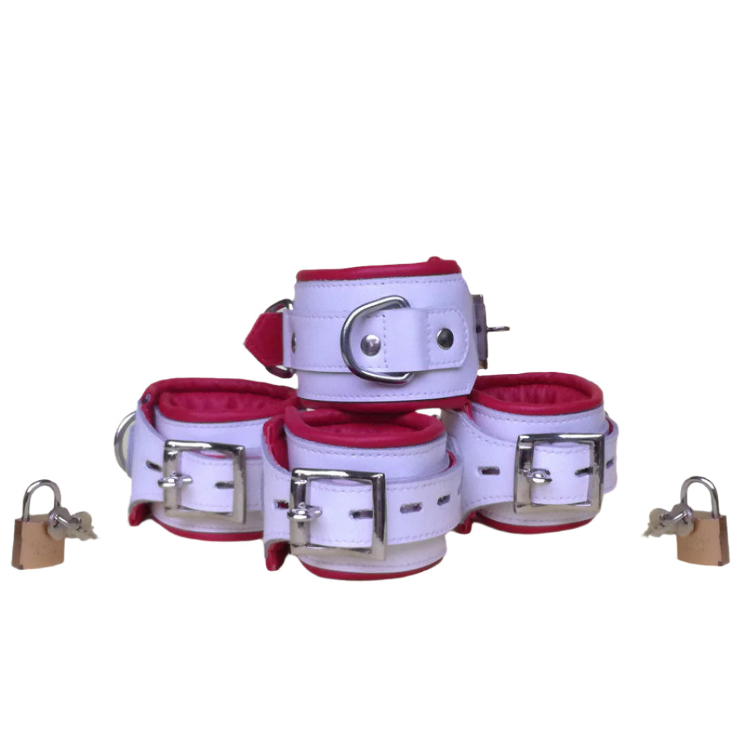 White Leather Bondage Restraint Set – 4 Piece Padded Cuffs with Padlocks