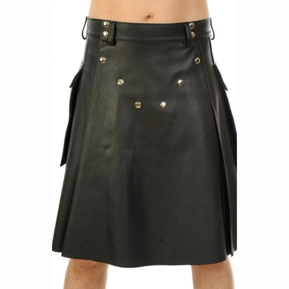 Men’s Black Leather Pleated Utility Kilt with Pockets