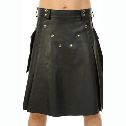 Men’s Black Leather Pleated Utility Kilt with Pockets