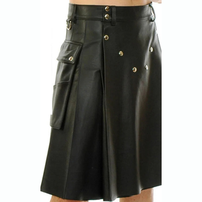 Men’s Black Leather Pleated Utility Kilt with Pockets