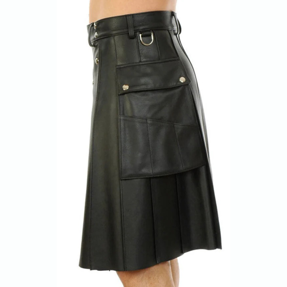 Men’s Black Leather Pleated Utility Kilt with Pockets
