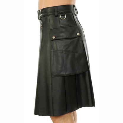 Men’s Black Leather Pleated Utility Kilt with Pockets