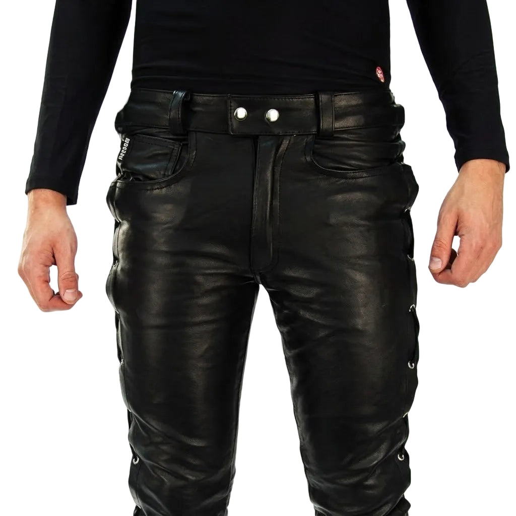 Men's Cowhide Leather Lace-Up Biker Pants with 5 Pockets