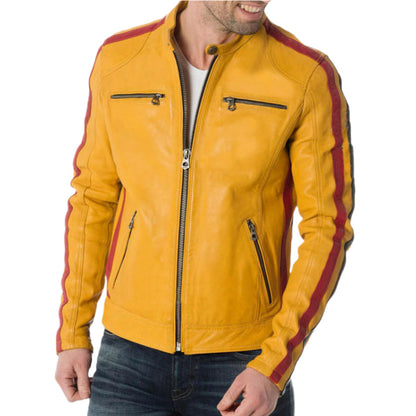 Men’s Yellow Cowhide Leather Biker Jacket – Red & Black Striped Motorcycle Style