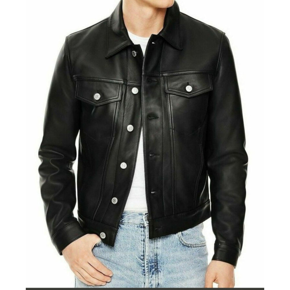 Black leather jacket worn by a person on a white background